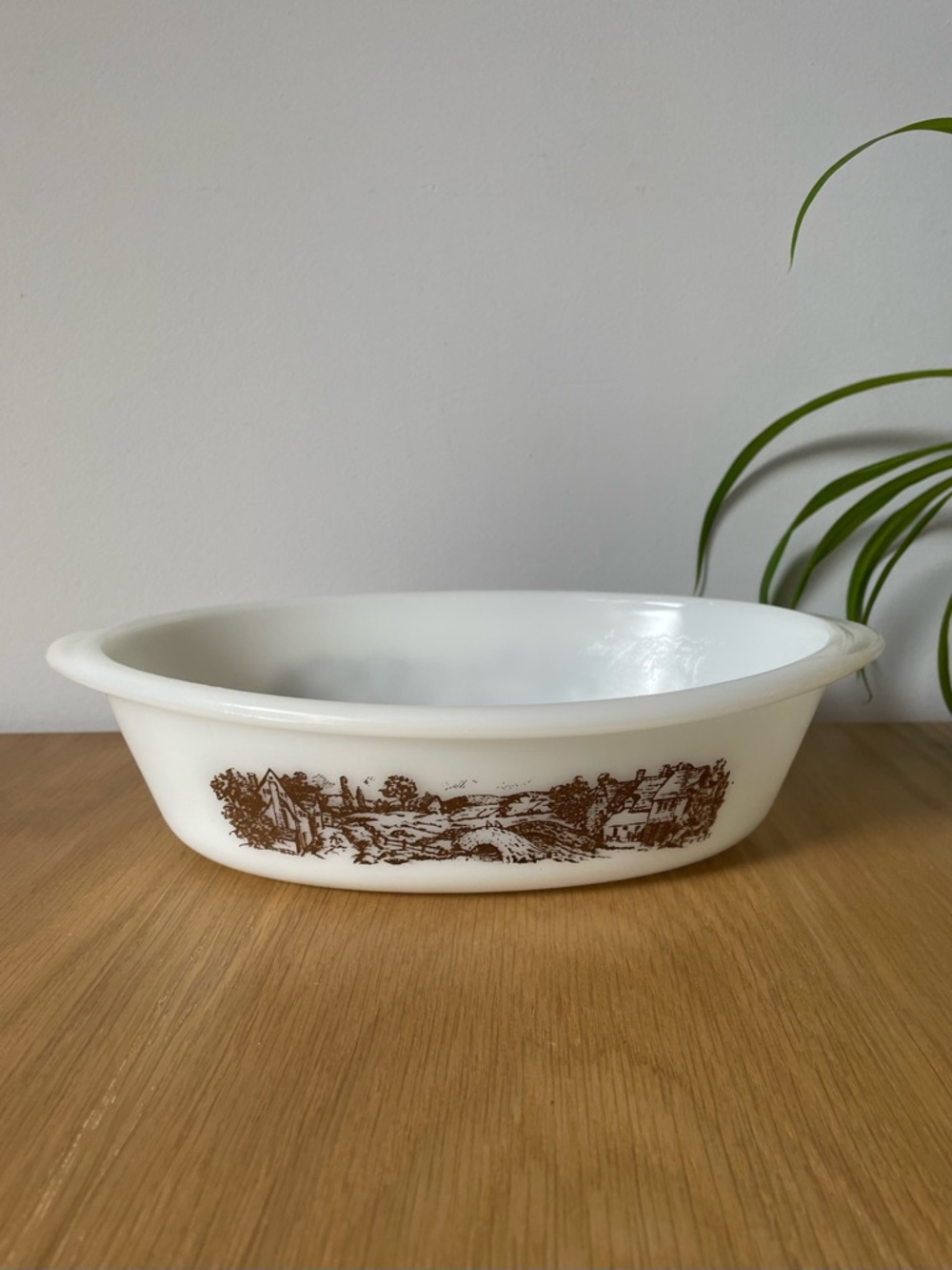 Vintage Glasbake Milk Glass Baking Dish with Brown Scenic Transfer 1 QT
